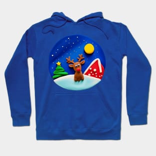 Cute Reindeer and Christmas Tree Snowy Winter Night Hoodie